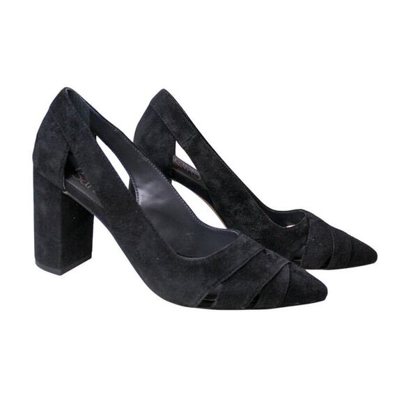 Franco Sarto Patina Black Suede Chunky Heel Pumps Pointed Toe Cut Out - Picture 1 of 5